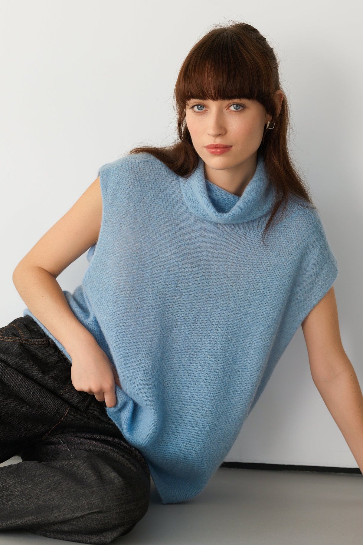 Women's Sky Blue Sleeveless Turtleneck Top