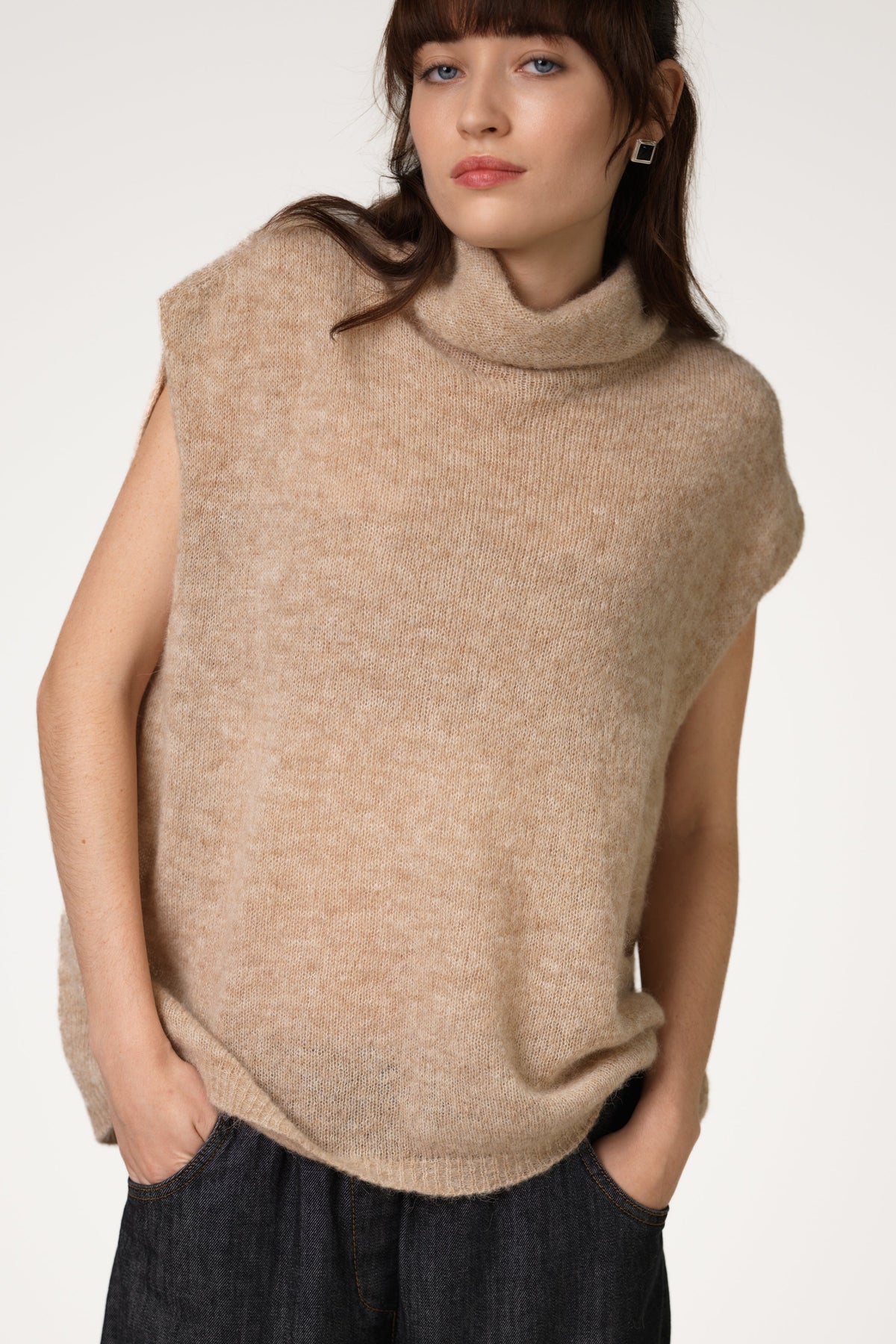 Women's Beige Sleeveless Turtleneck Top