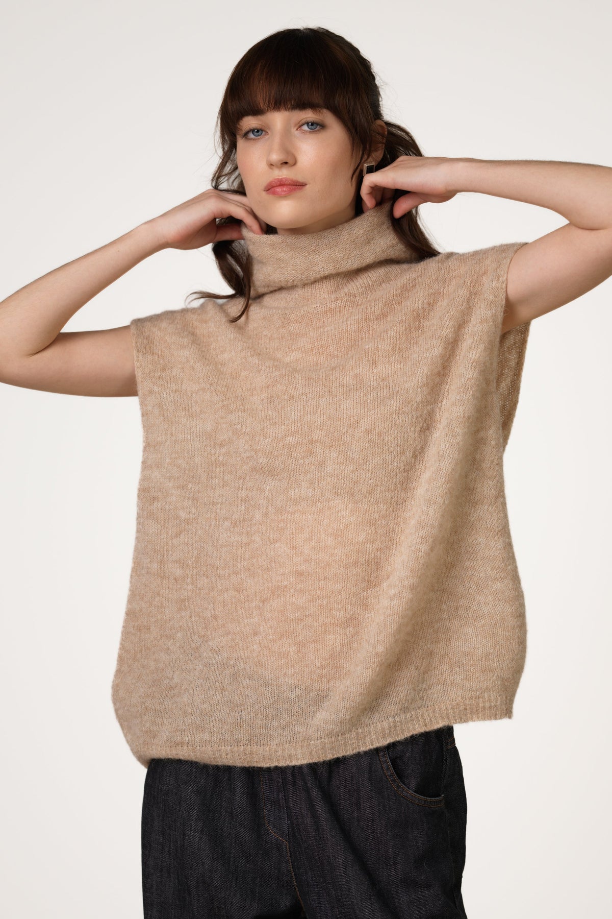 Women's Beige Sleeveless Turtleneck Top, Alpaca-Wool Blend Knit