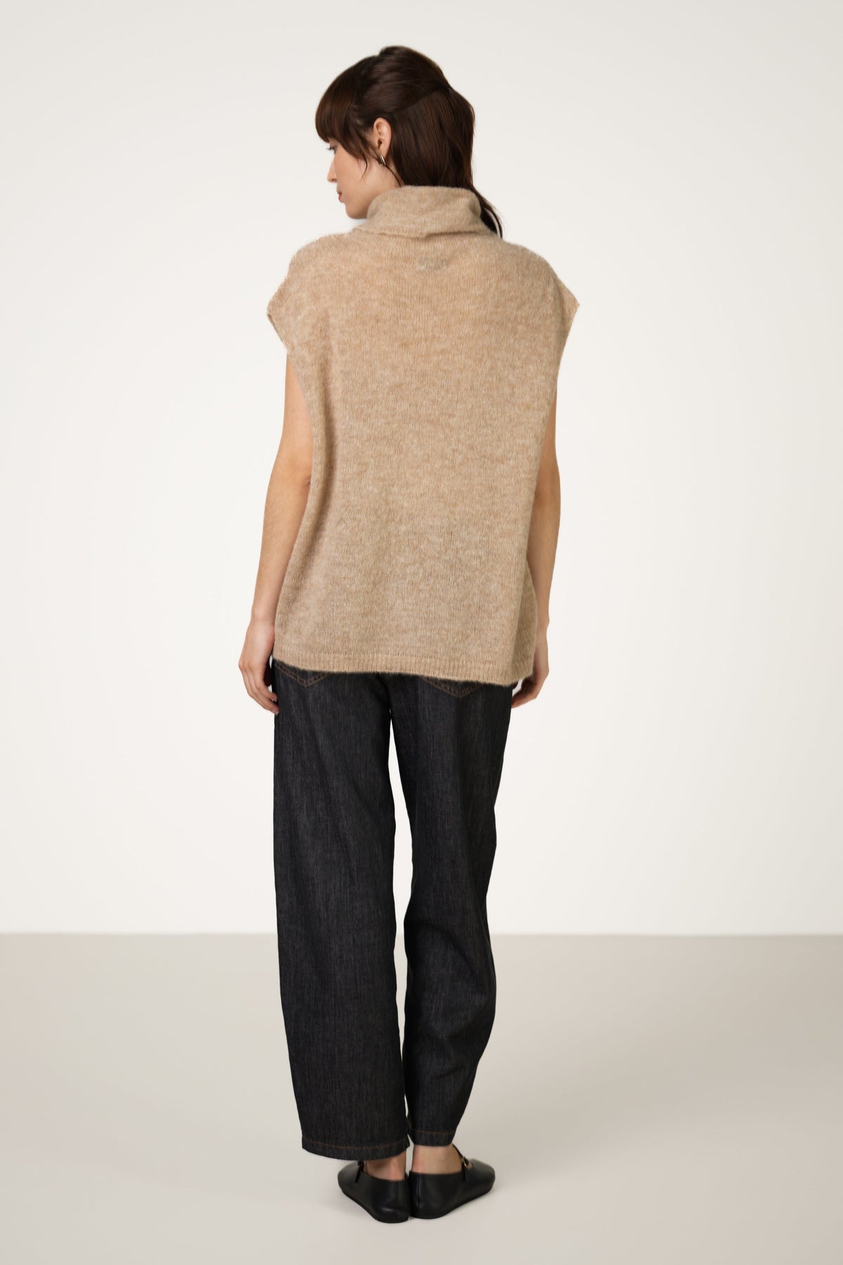 Women's Beige Sleeveless Turtleneck Top, Alpaca-Wool Blend Knit