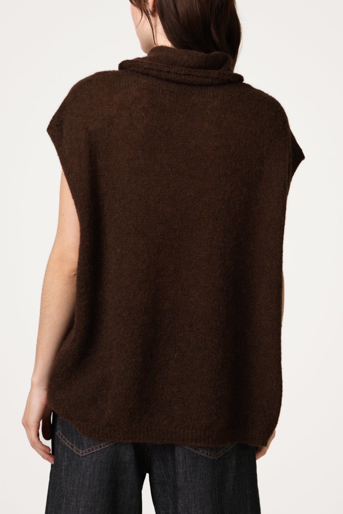 Women's Espresso Brown Sleeveless Turtleneck Sweater, Alpaca Wool Blend