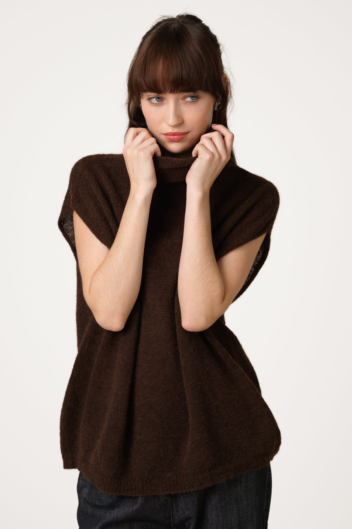 Women's Espresso Brown Sleeveless Turtleneck Sweater, Alpaca Wool Blend