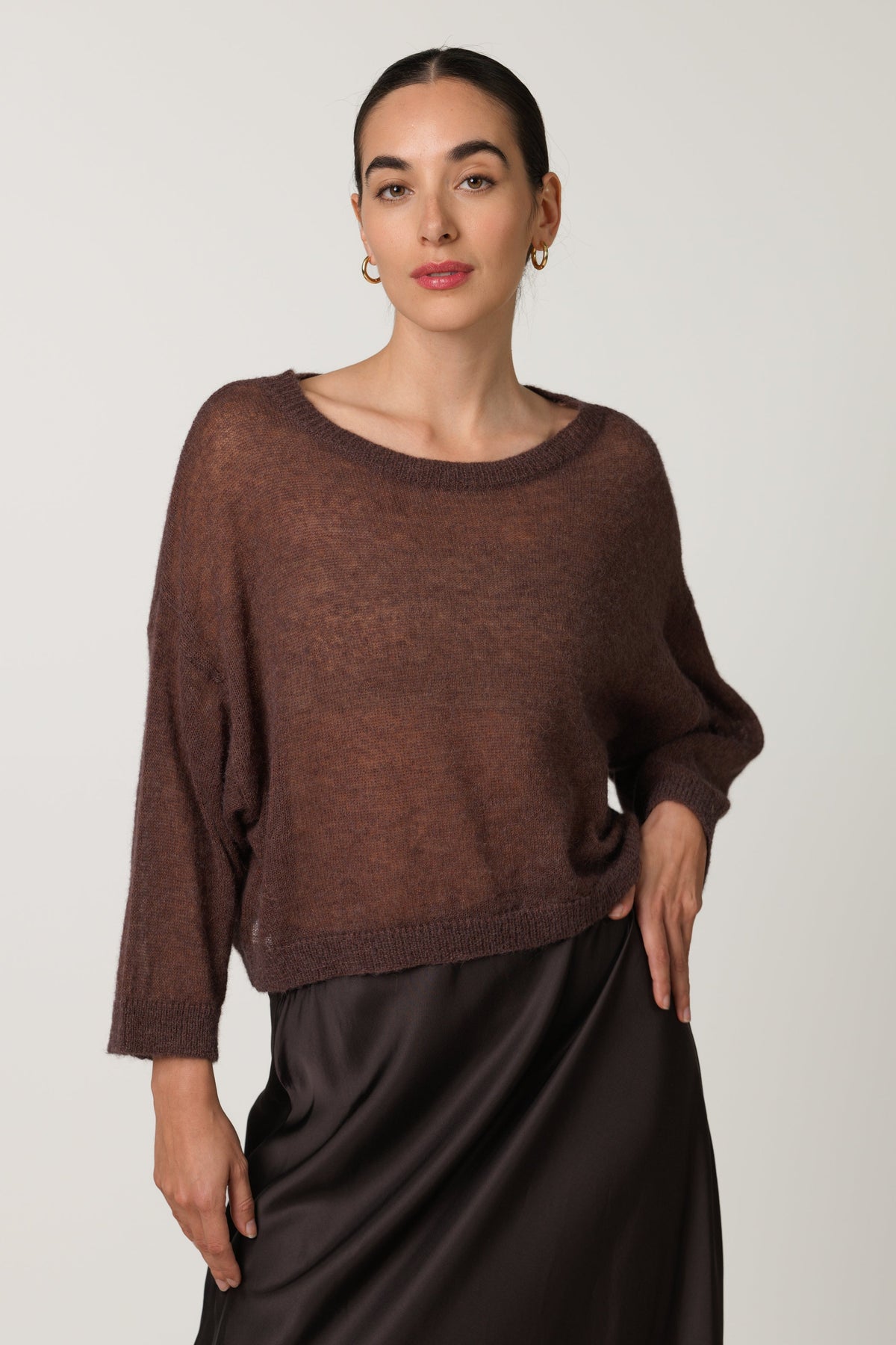 Women's Sheer Boxy Sweater in Espresso Brown, Alpaca Blend Knit