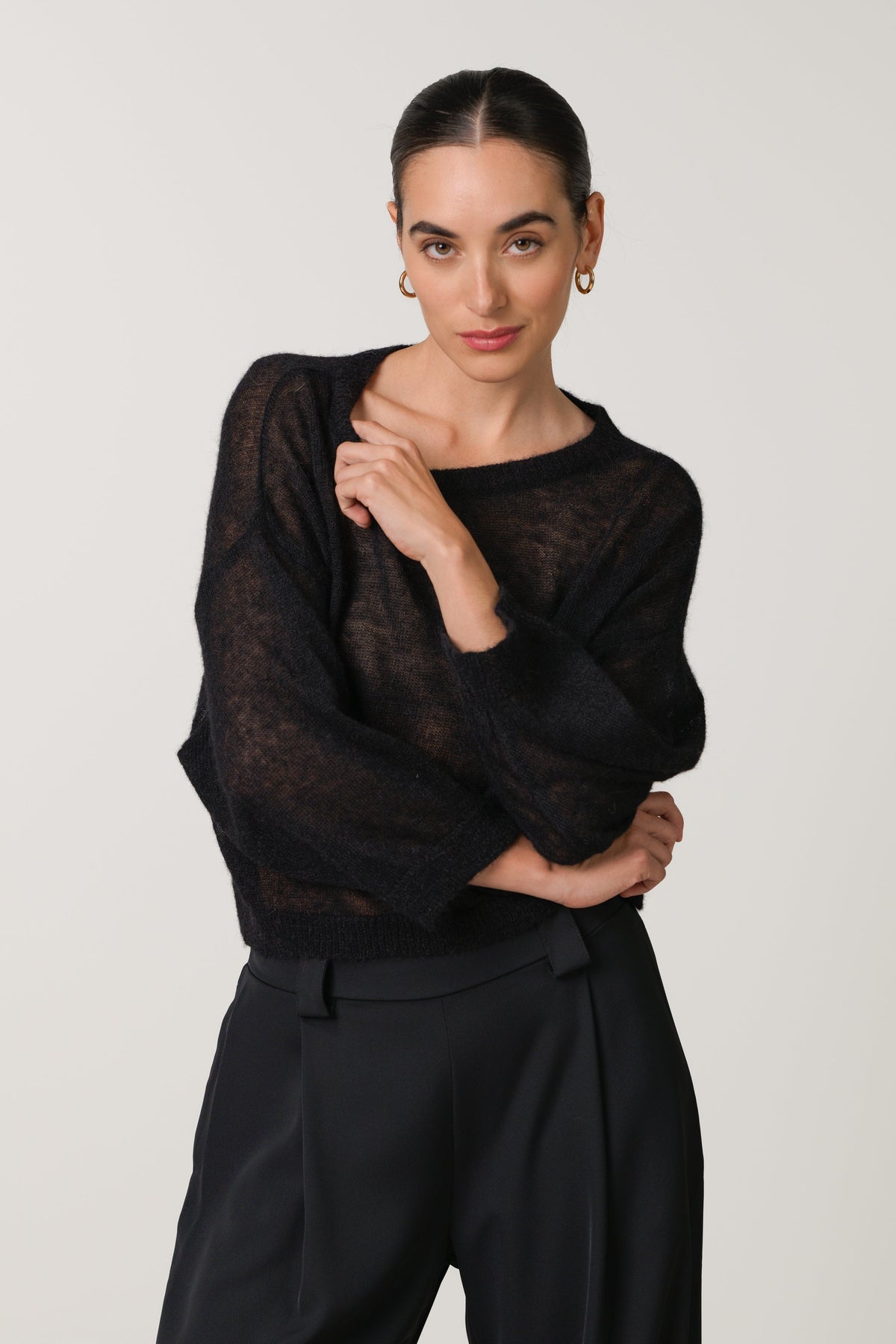 Women's Boxy Sheer Sweater Black Alpaca Blend