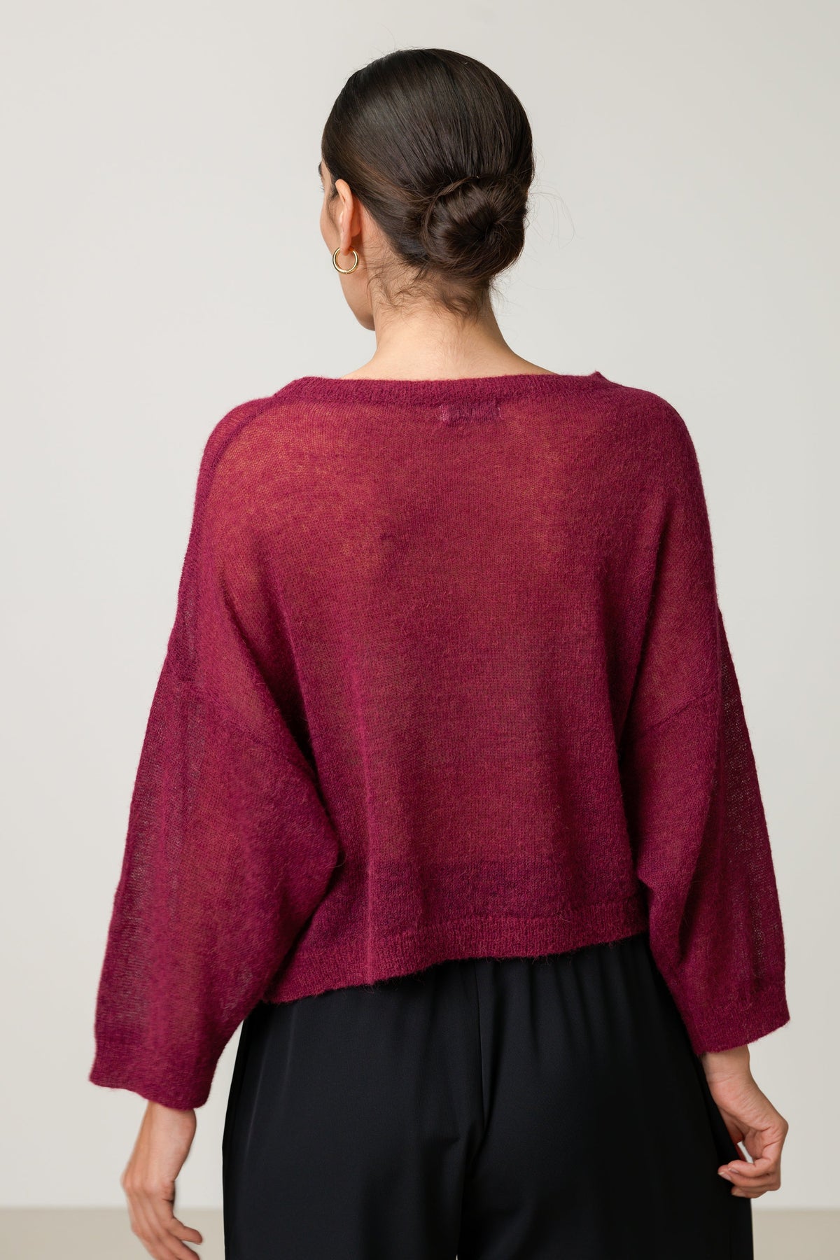Women's Burgundy Boxy Sheer Sweater, Alpaca Blend Knit Pullover