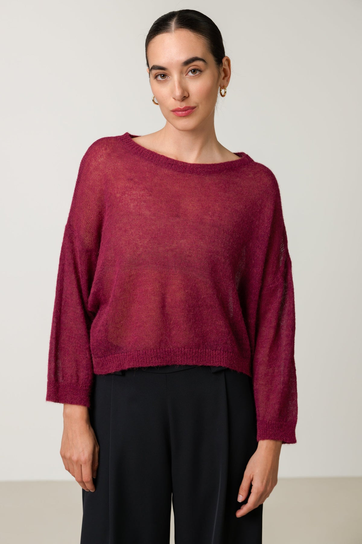 Women's Burgundy Boxy Sheer Sweater in Alpaca Blend Knit