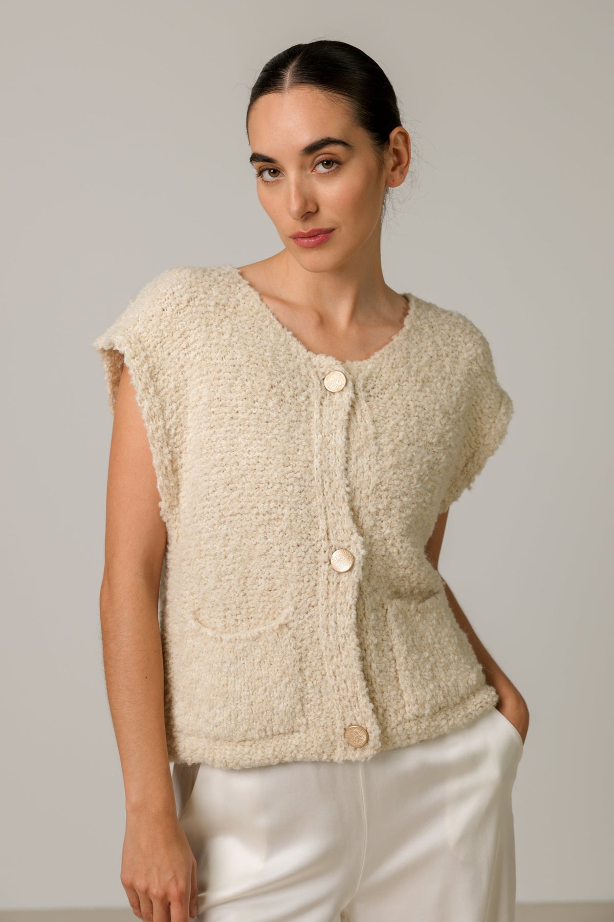 Women's Light Beige Knitted Gilet, Sleeveless Knit Vest