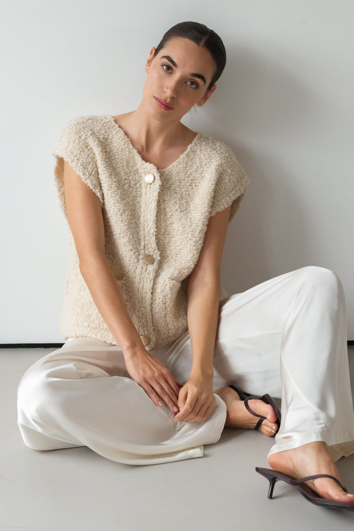 Women's Light Beige Knitted Gilet, Sleeveless Knit Vest