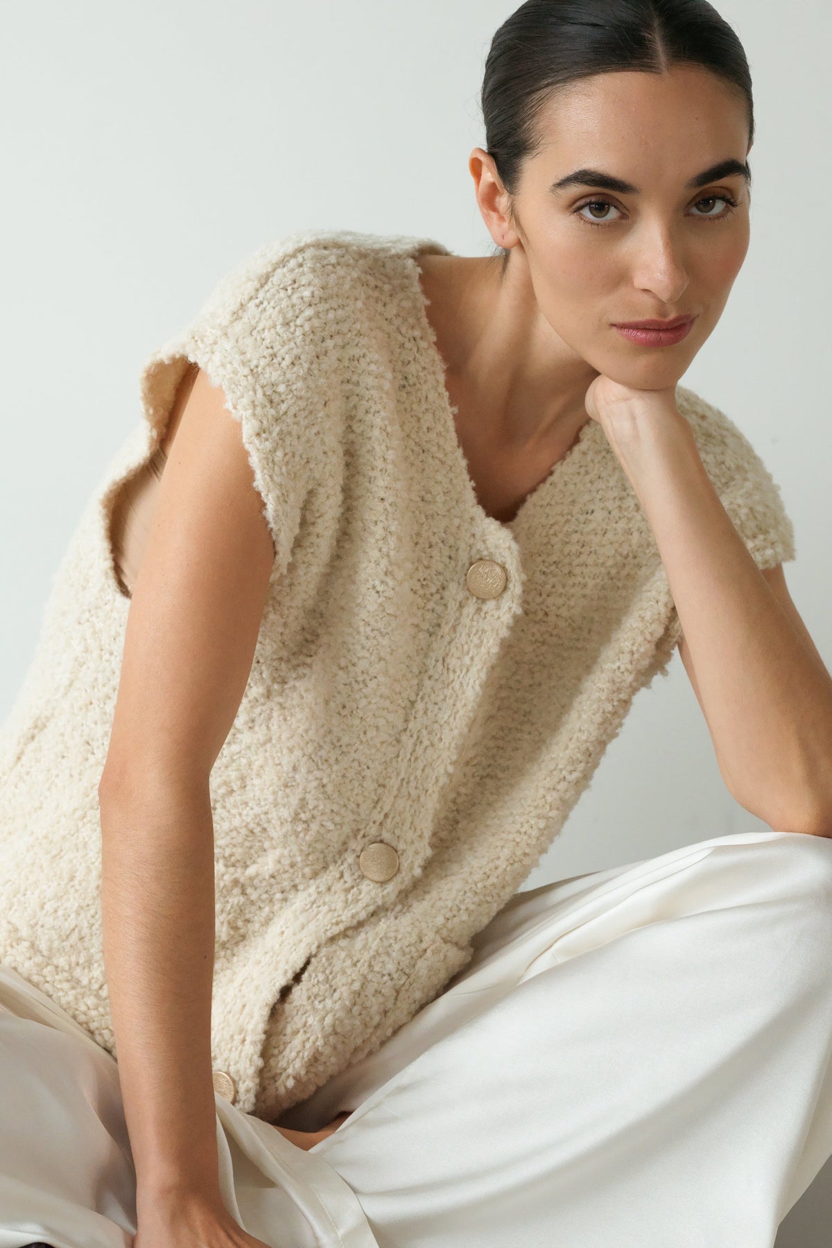 Women's Light Beige Knitted Gilet, Sleeveless Knit Vest