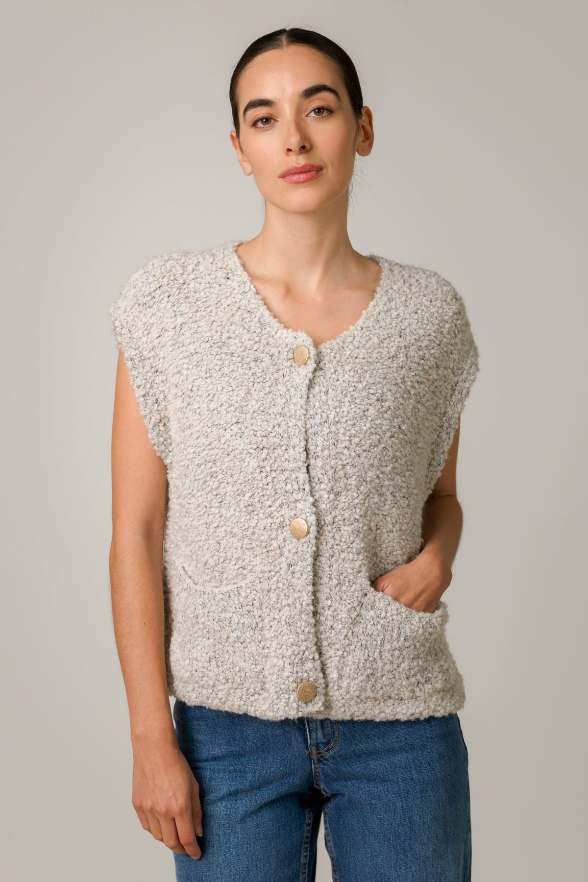 Women's Oatmeal Knitted Gilet, Sleeveless Knit Vest