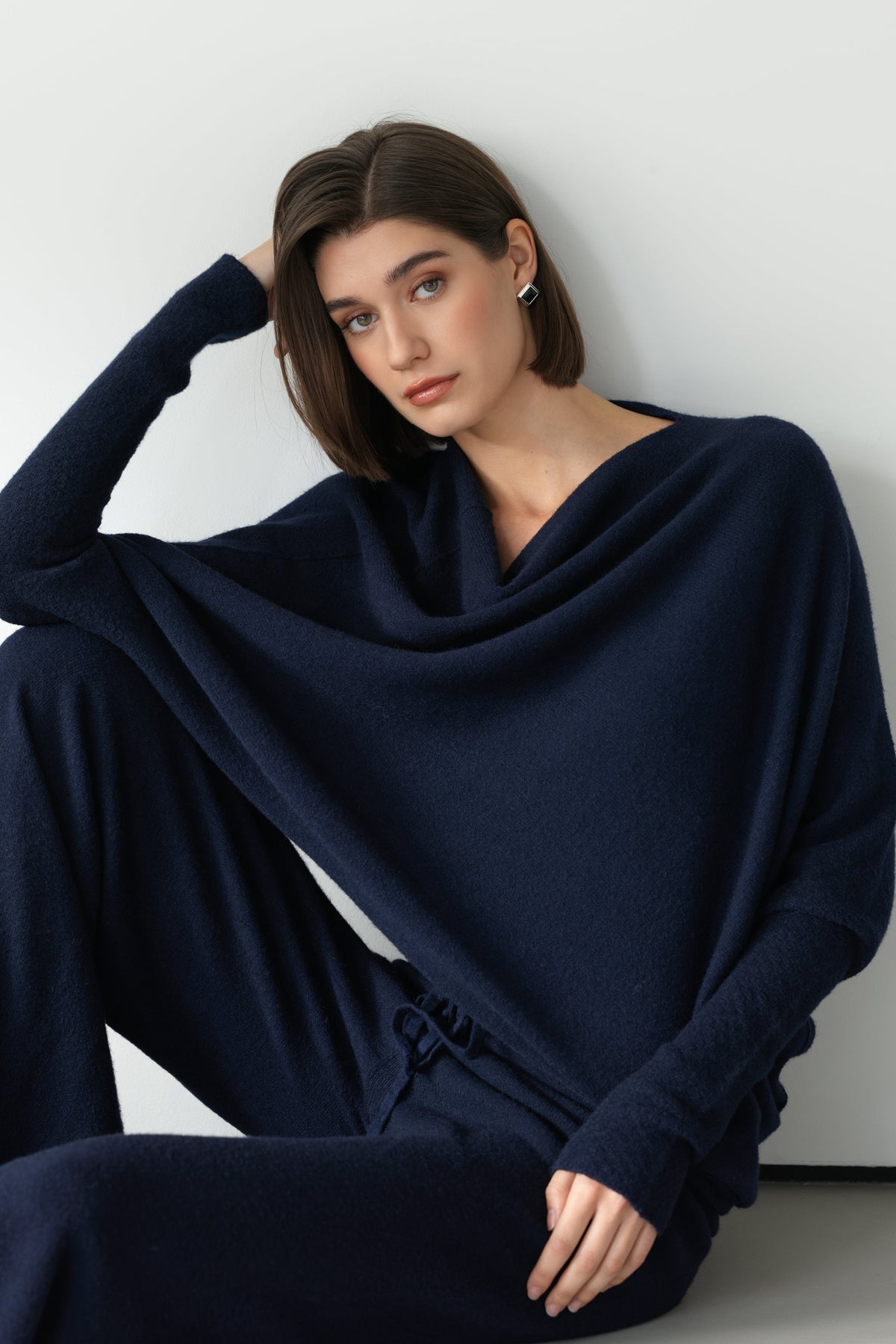 Women's Navy Asymmetrical Draped Seamless Knit Top