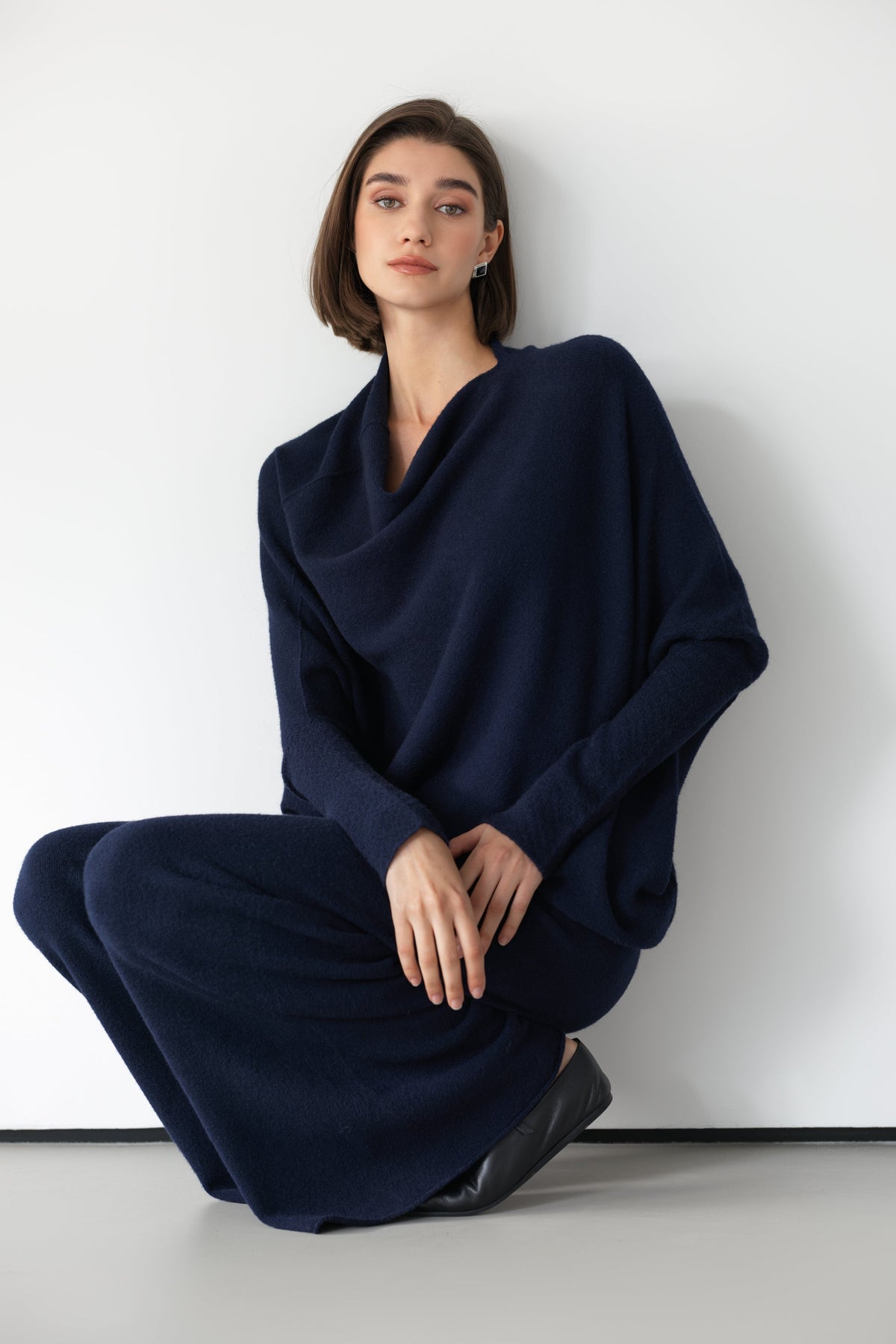 Women's Navy Asymmetrical Draped Seamless Knit Top