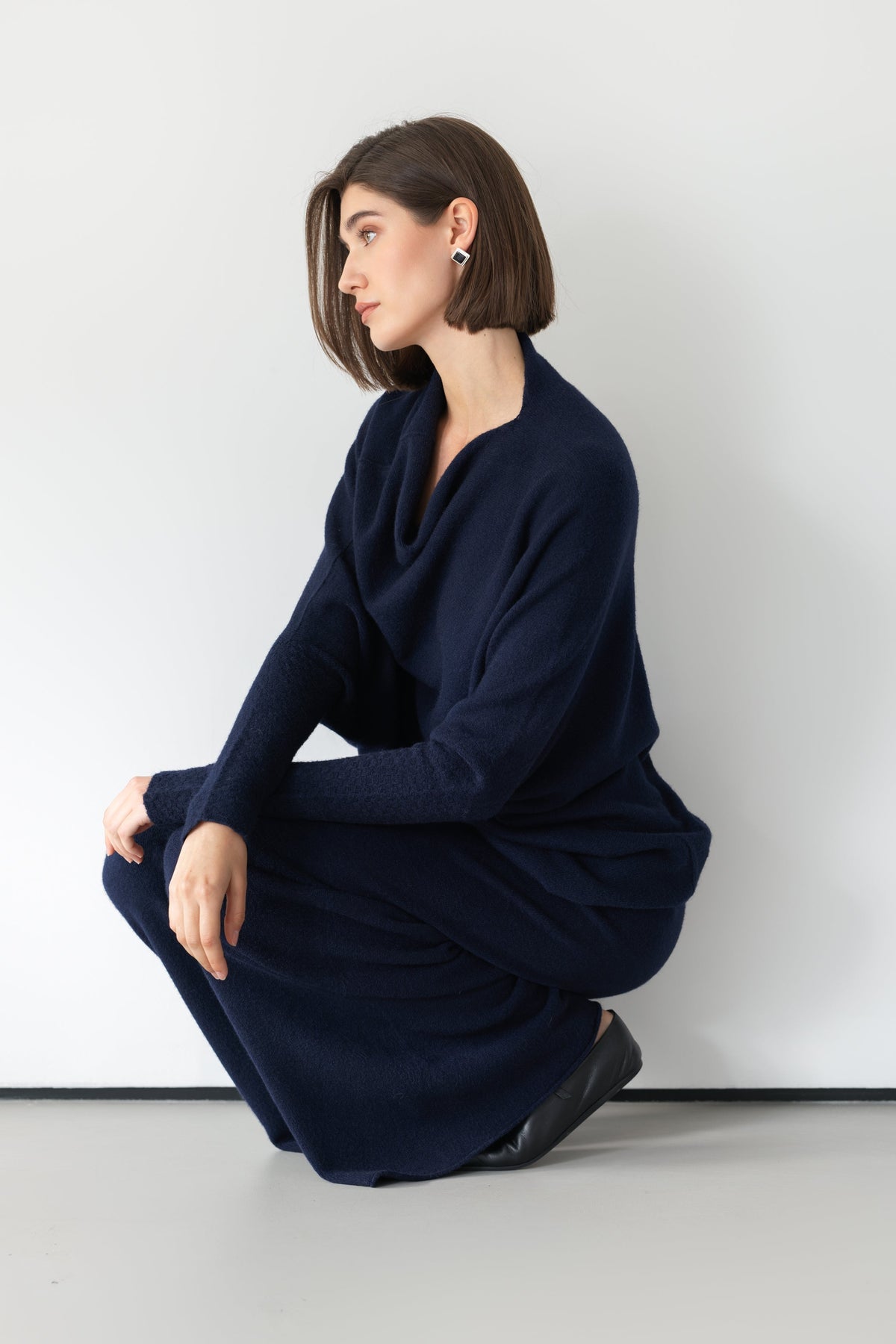 Women's Navy Asymmetrical Draped Seamless Knit Top