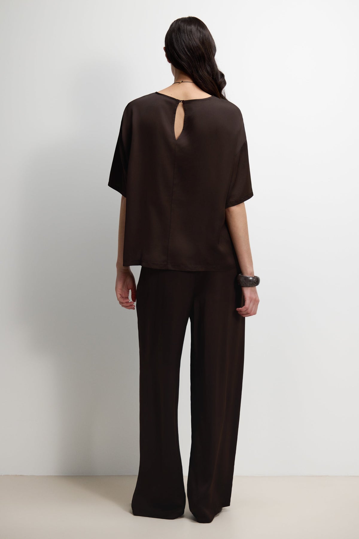 Women's Espresso Brown Satin Top with Back Slit Detail