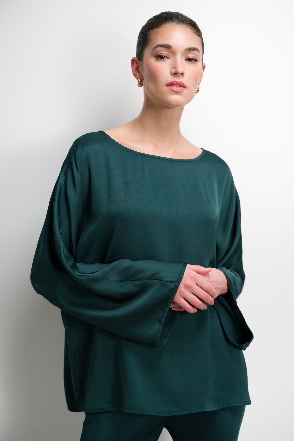 Women's Teal Satin Boatneck Top with Wide Sleeves