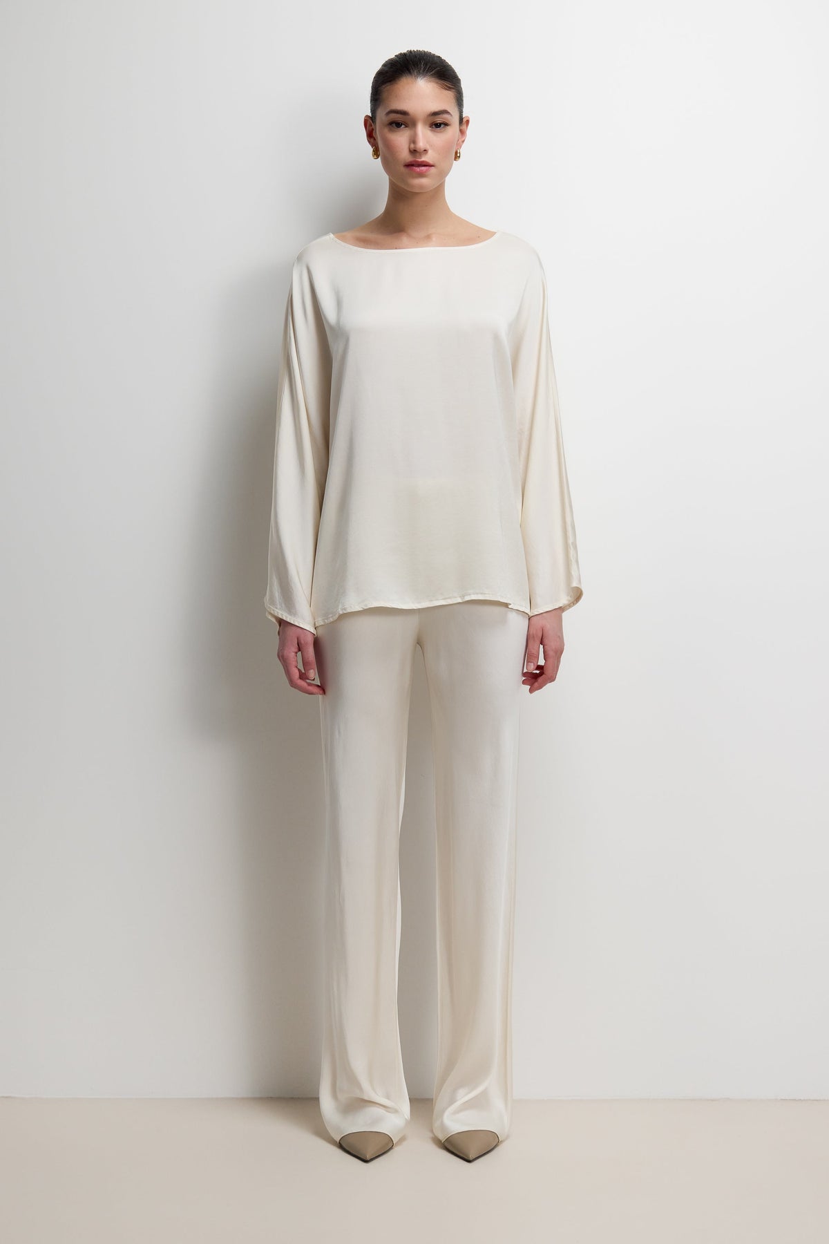 Women's Ivory Satin Boatneck Top with Wide Sleeves
