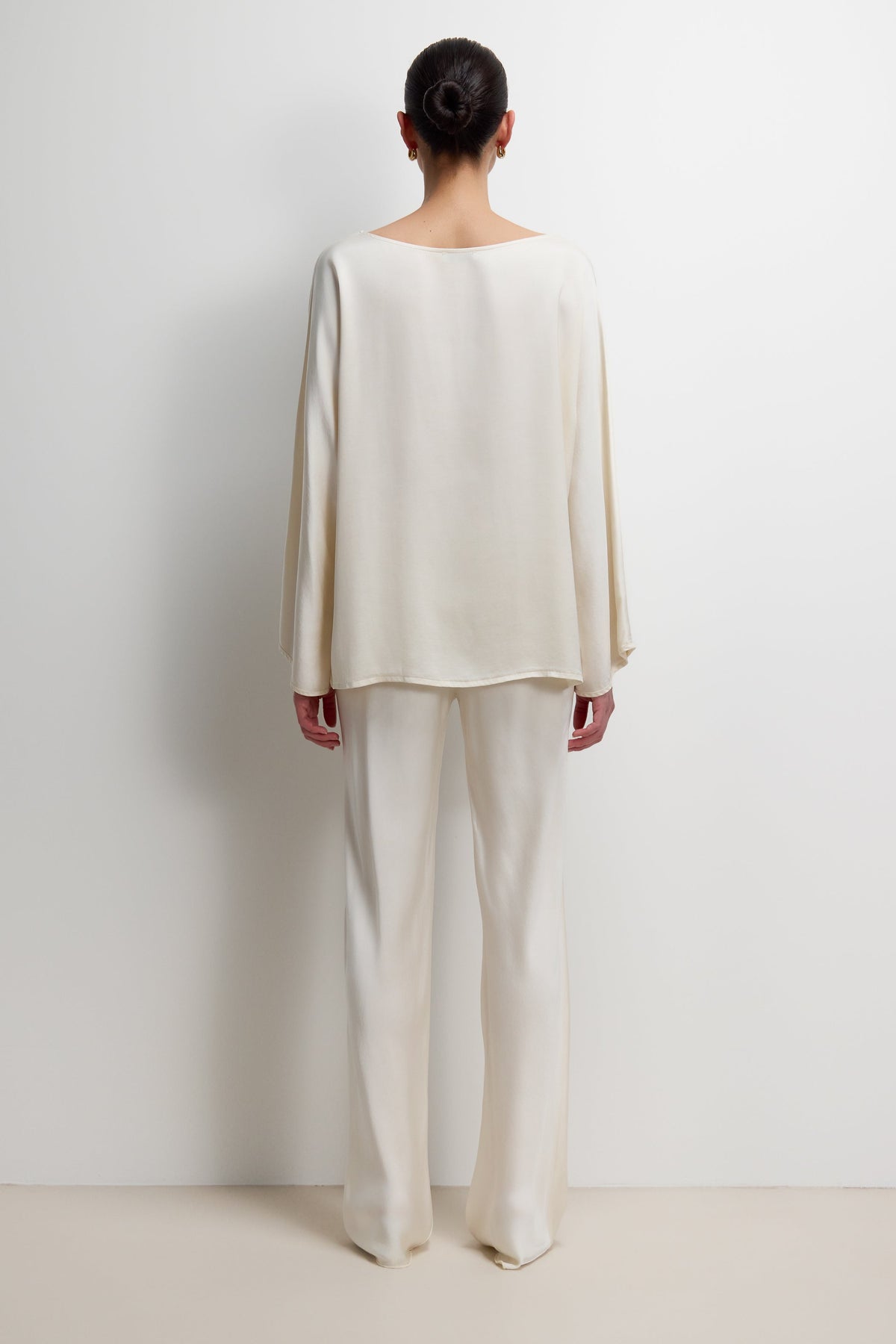 Women's Ivory Satin Boatneck Top with Wide Sleeves