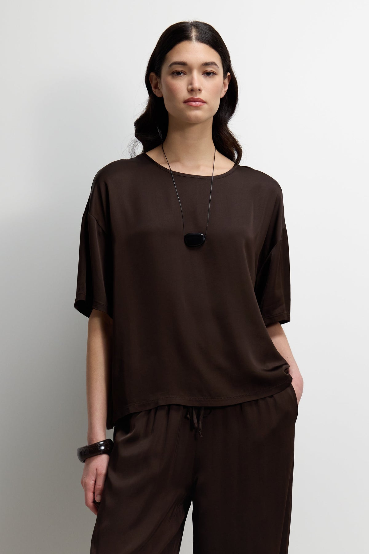 Women's Espresso Brown Satin Top with Back Slit Detail
