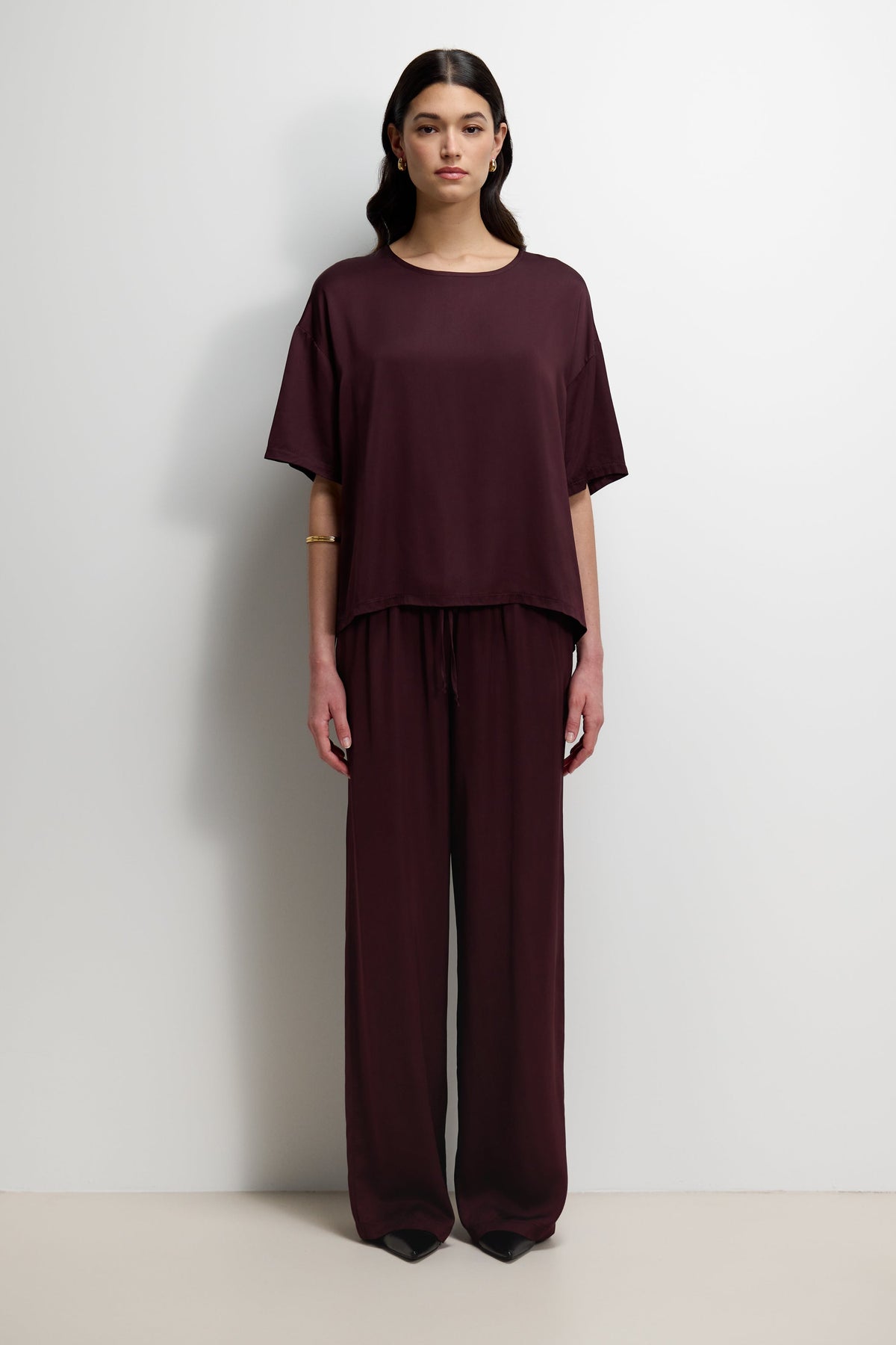 Women’s Amethyst Plum Satin Trousers with Elastic Waist