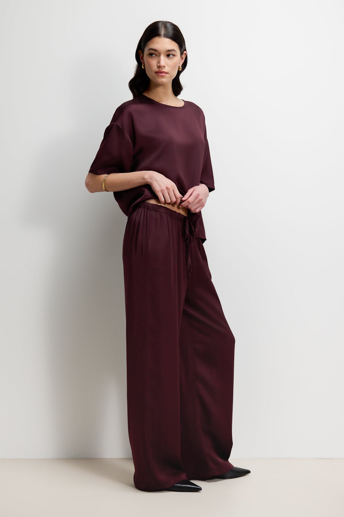 Women’s Amethyst Plum Satin Trousers with Elastic Waist