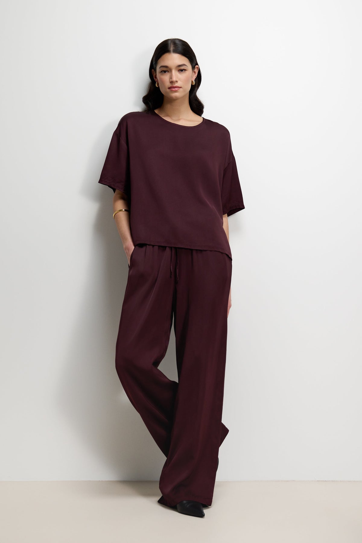 Women's Amethyst Plum Satin Top with Back Slit Detail