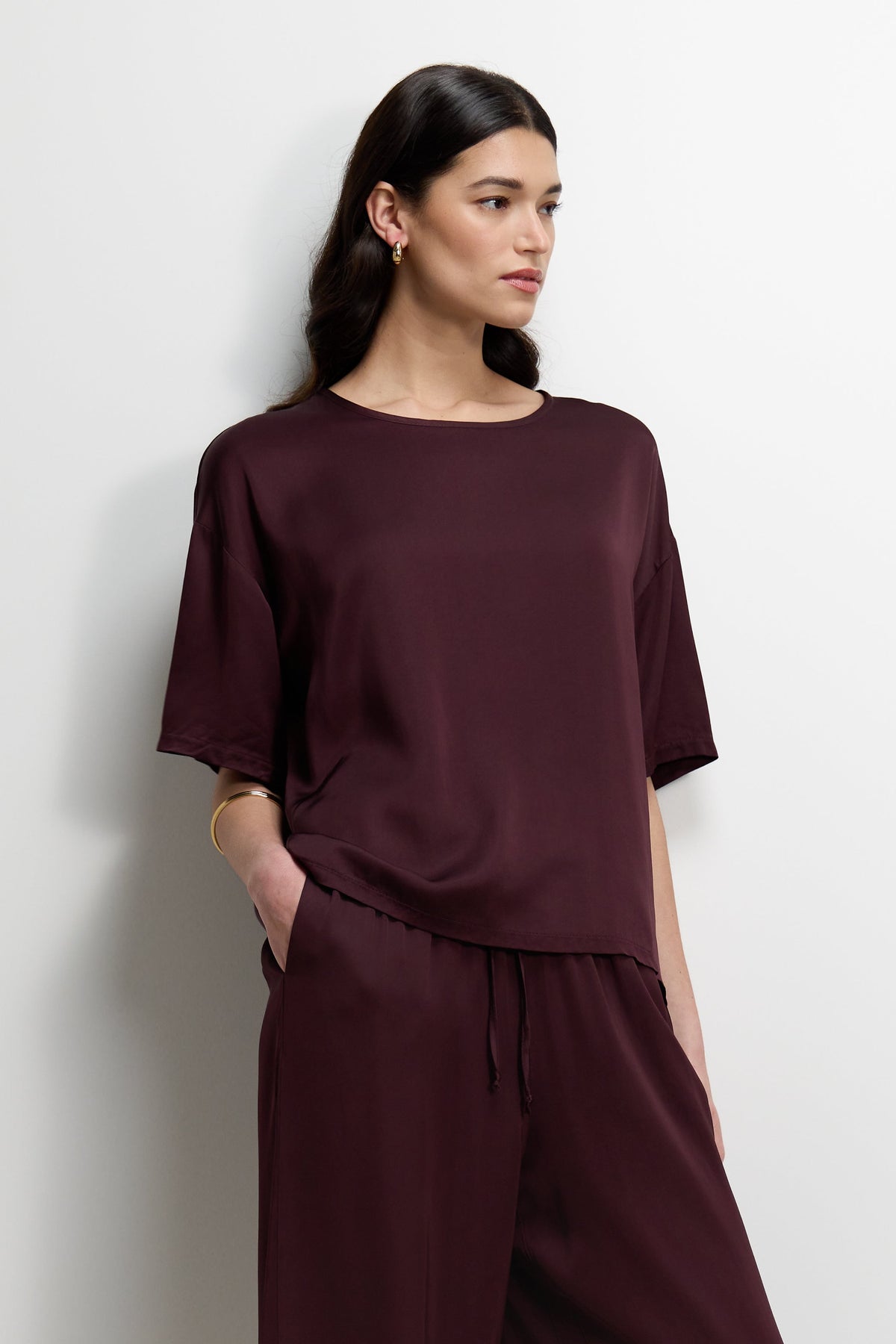 Women's Amethyst Plum Satin Top with Back Slit Detail