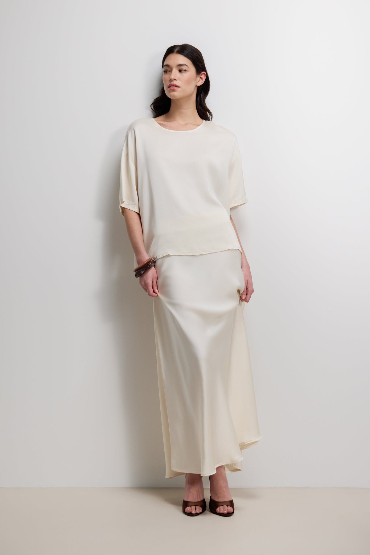 Women's Ivory Satin Top with Back Slit Detail