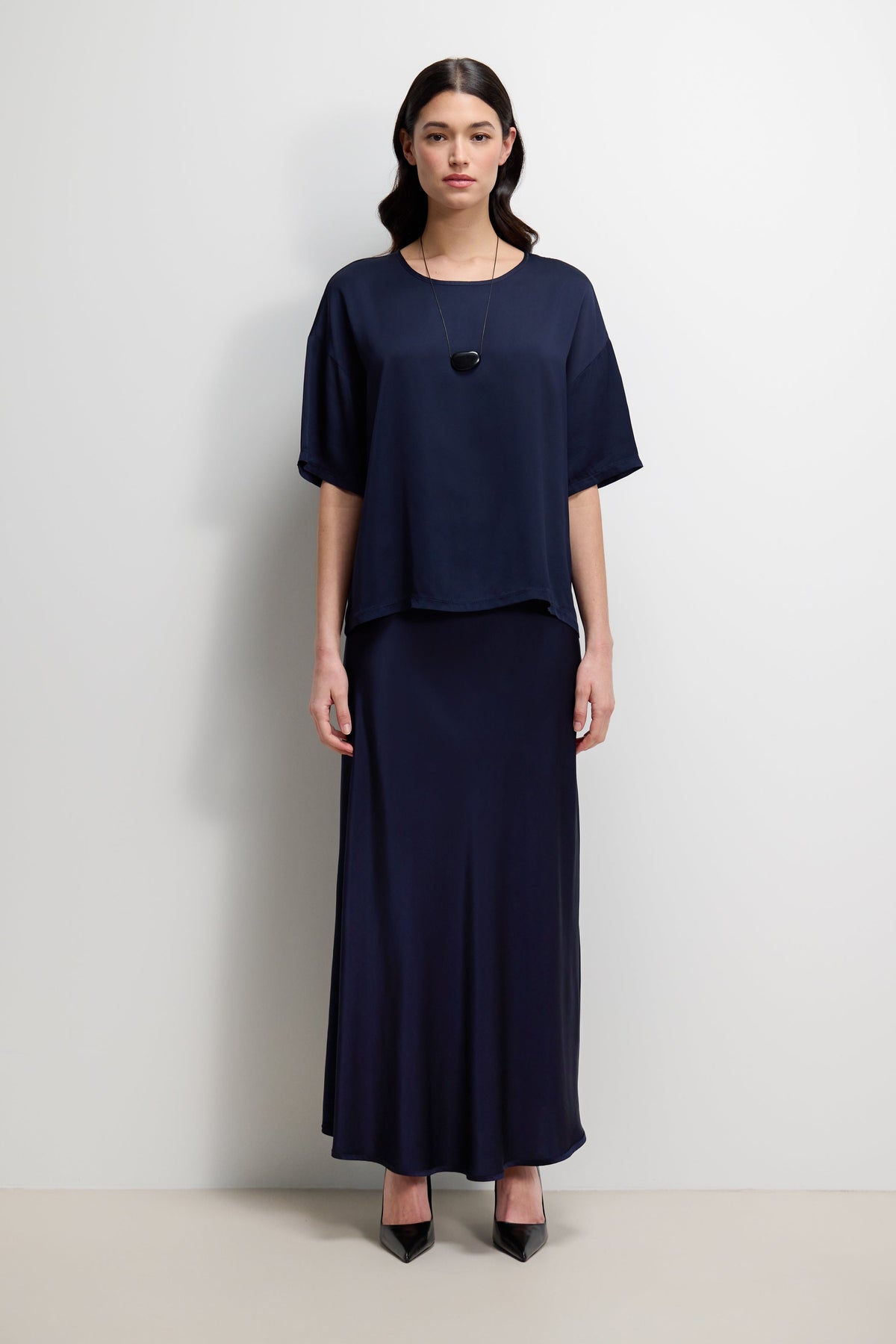 Women's Navy Satin Top with Back Slit Detail and Elegant Design