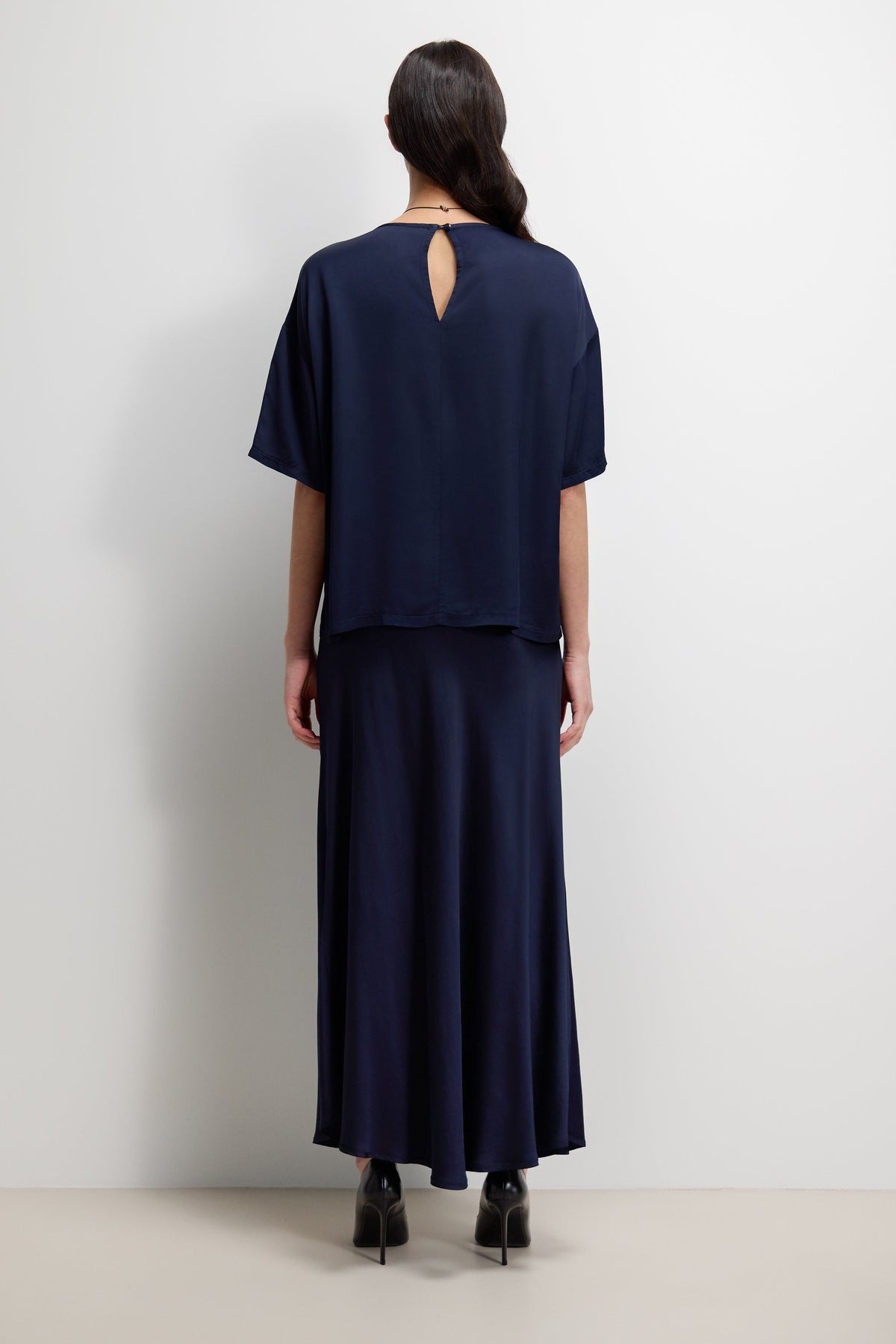 Women's Navy Satin Top with Back Slit Detail and Elegant Design