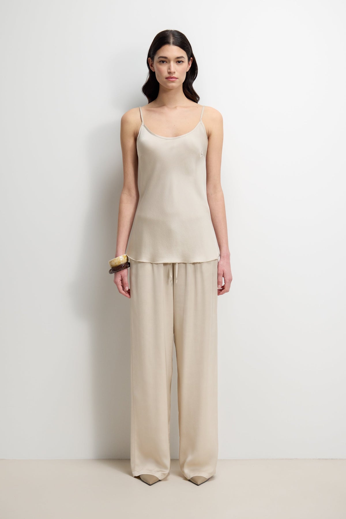 Women’s Light Beige Satin Trousers with Elastic Waist