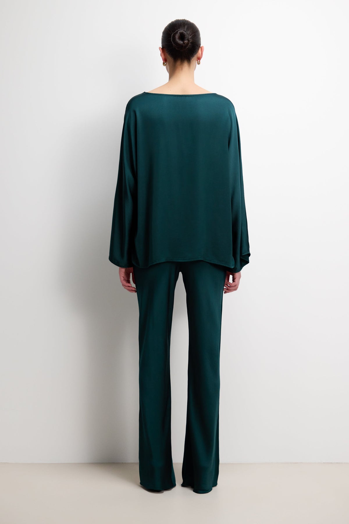 Women's Teal Satin Boatneck Top with Wide Sleeves