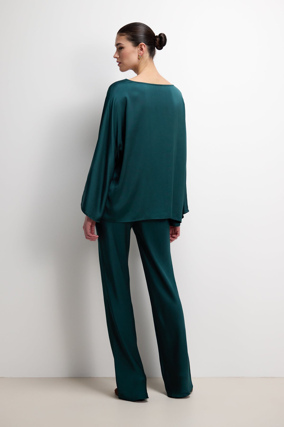 Women's Teal Satin Boatneck Top with Wide Sleeves