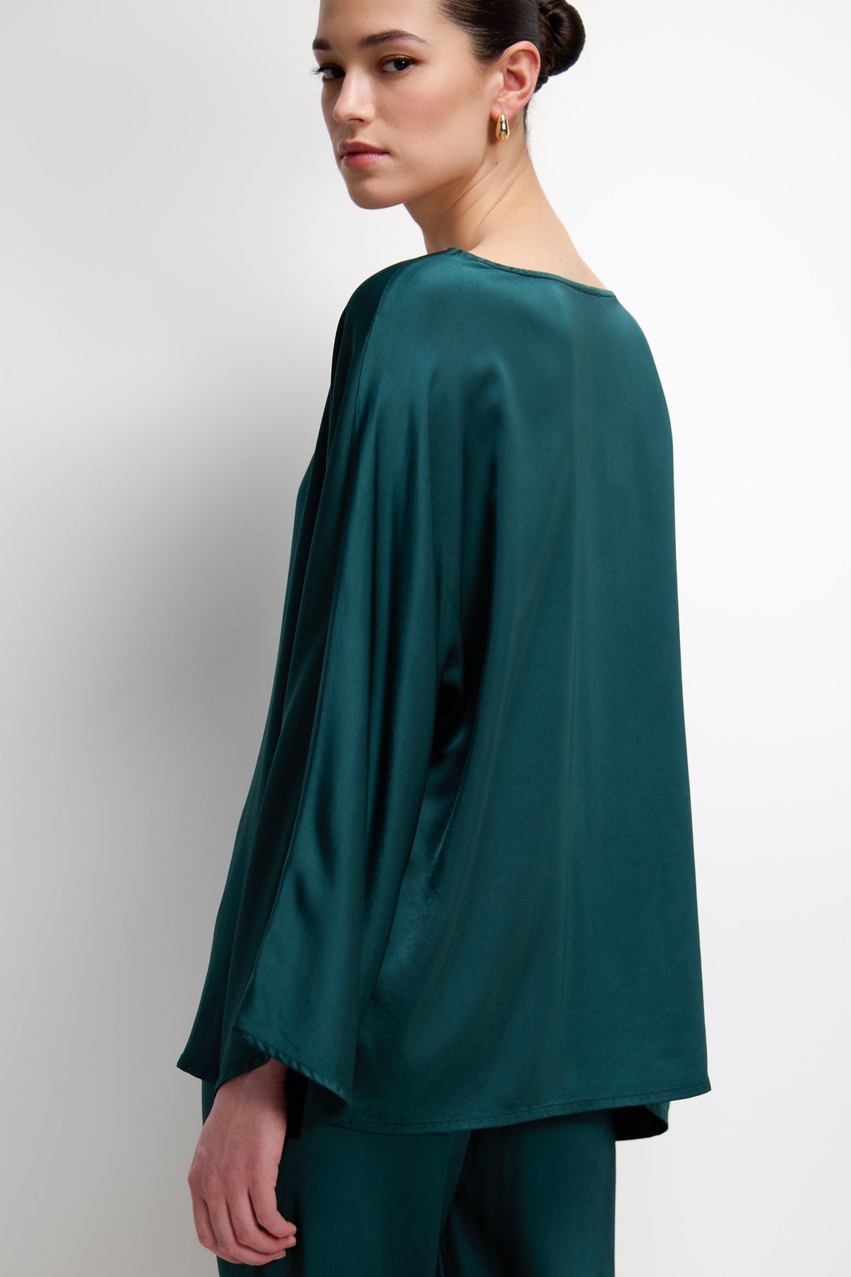 Women's Teal Satin Boatneck Top with Wide Sleeves