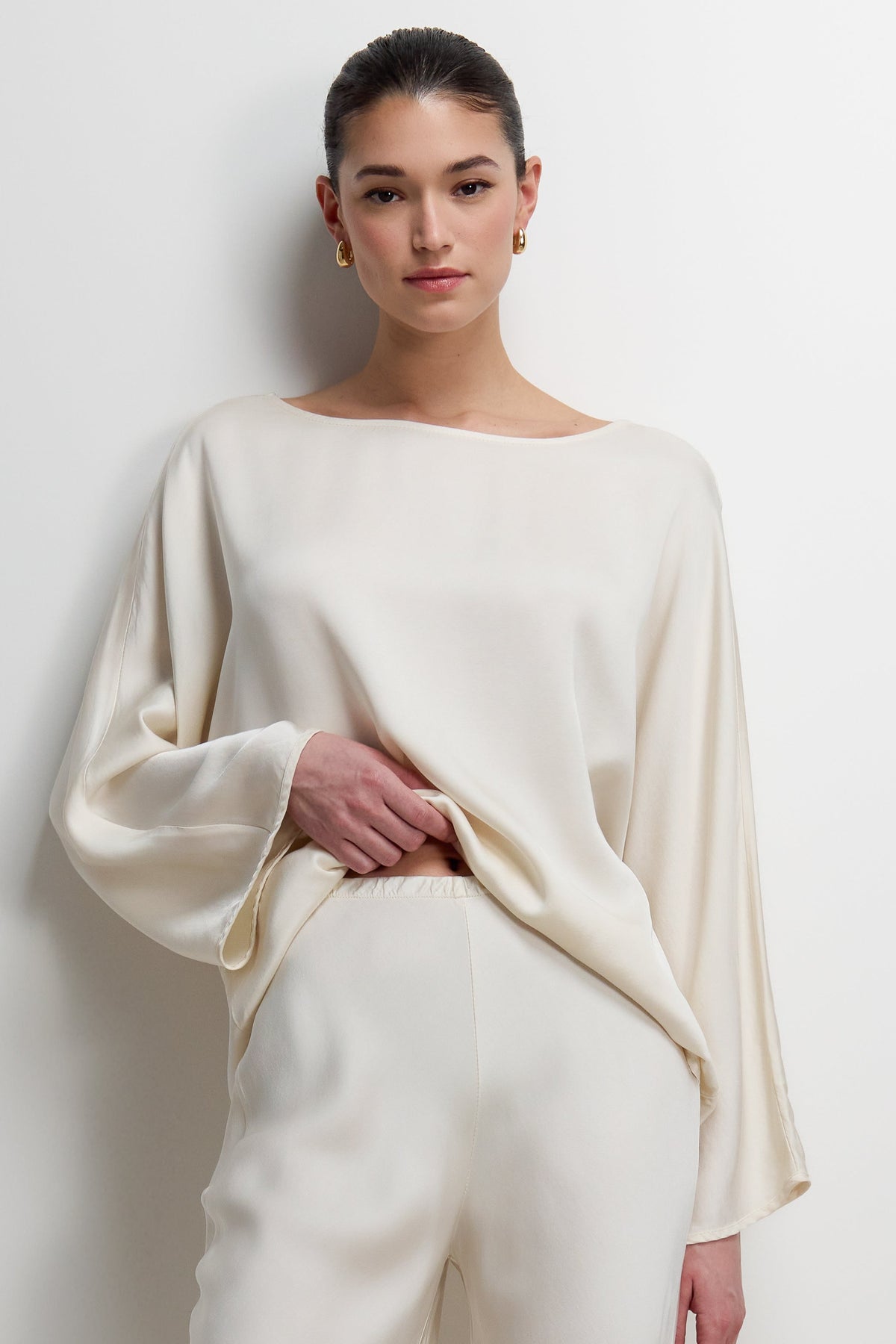 Women's Ivory Satin Boatneck Top with Wide Sleeves