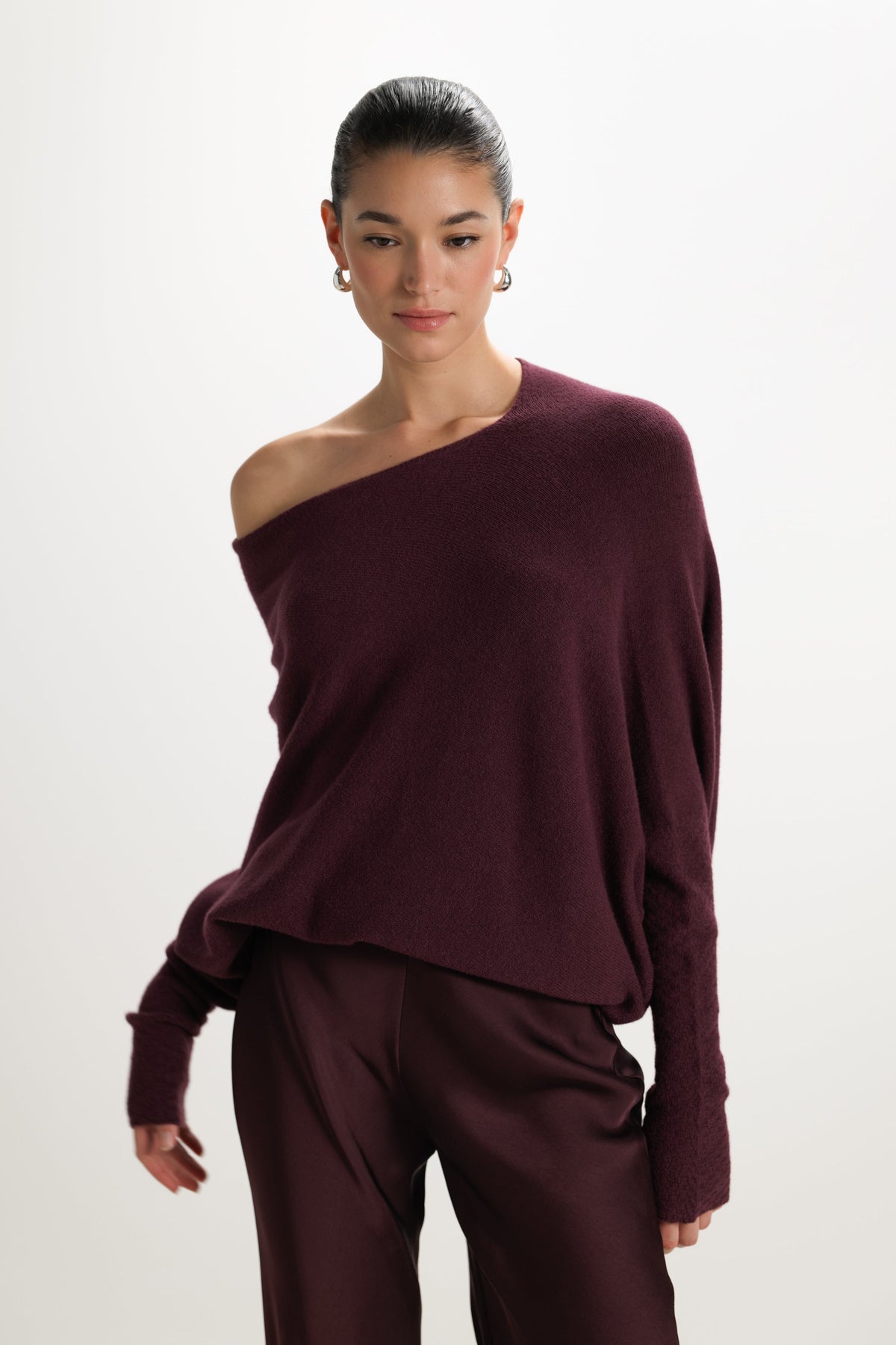 Women's Amethyst Plum Asymmetrical Draped Seamless Knit Top