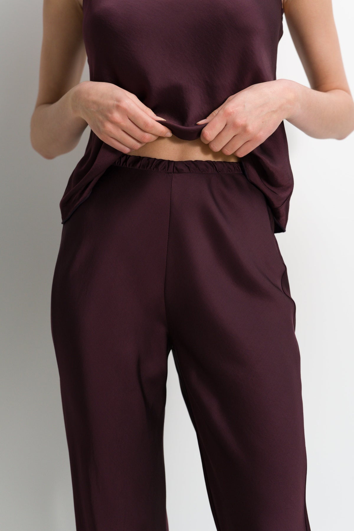 Women’s Amethyst Plum Bias-Cut Satin Trousers with Elastic Waist
