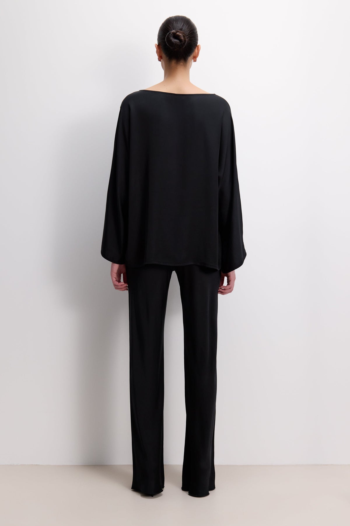 Women's Black Satin Boatneck Top with Wide Sleeves