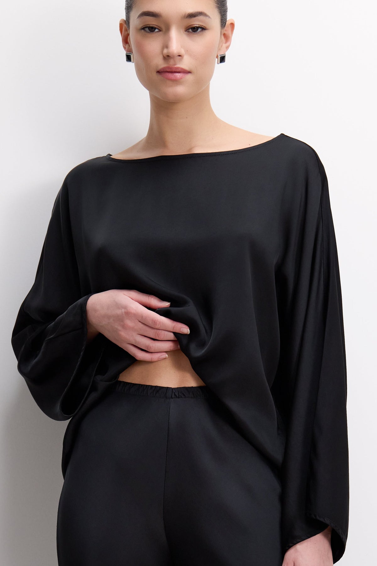 Women's Black Satin Boatneck Top with Wide Sleeves