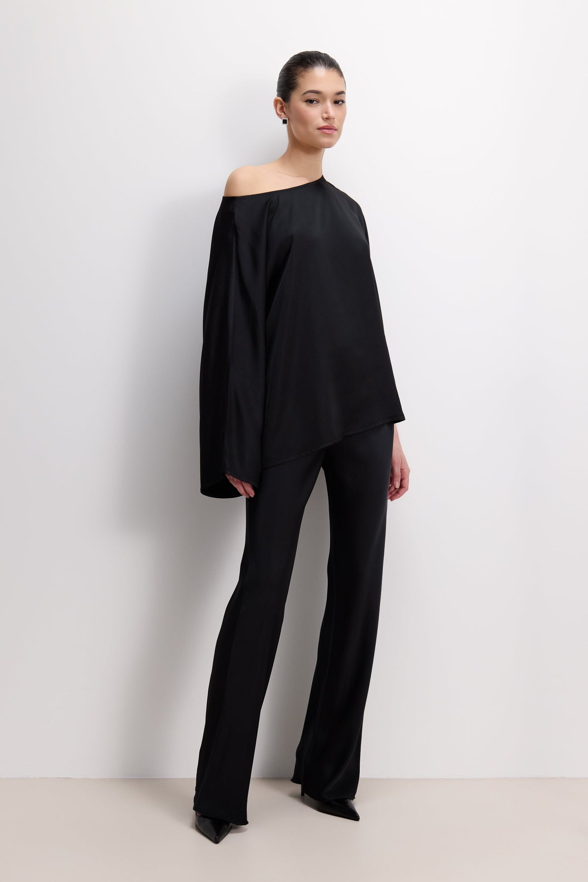 Women's Black Satin Boatneck Top with Wide Sleeves