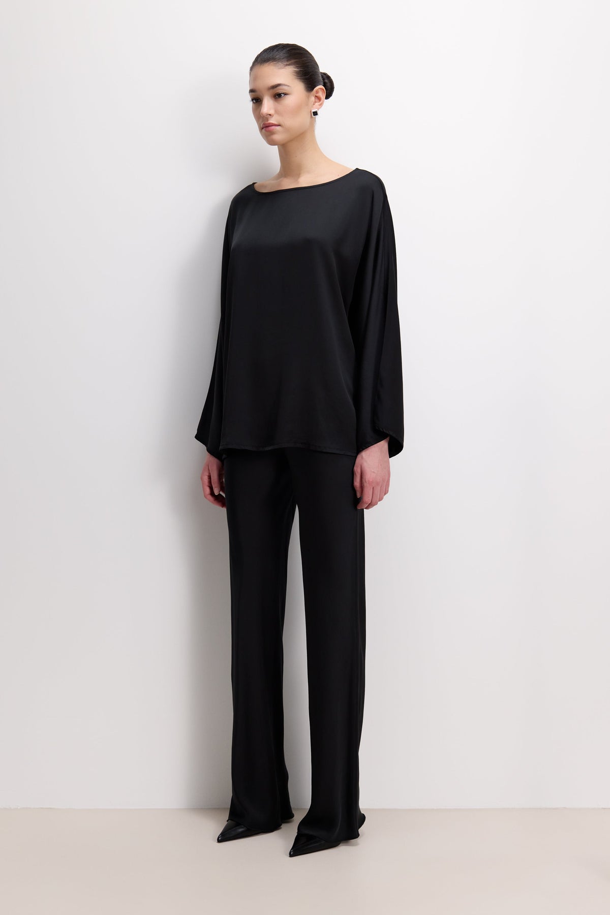 Women's Black Satin Boatneck Top with Wide Sleeves