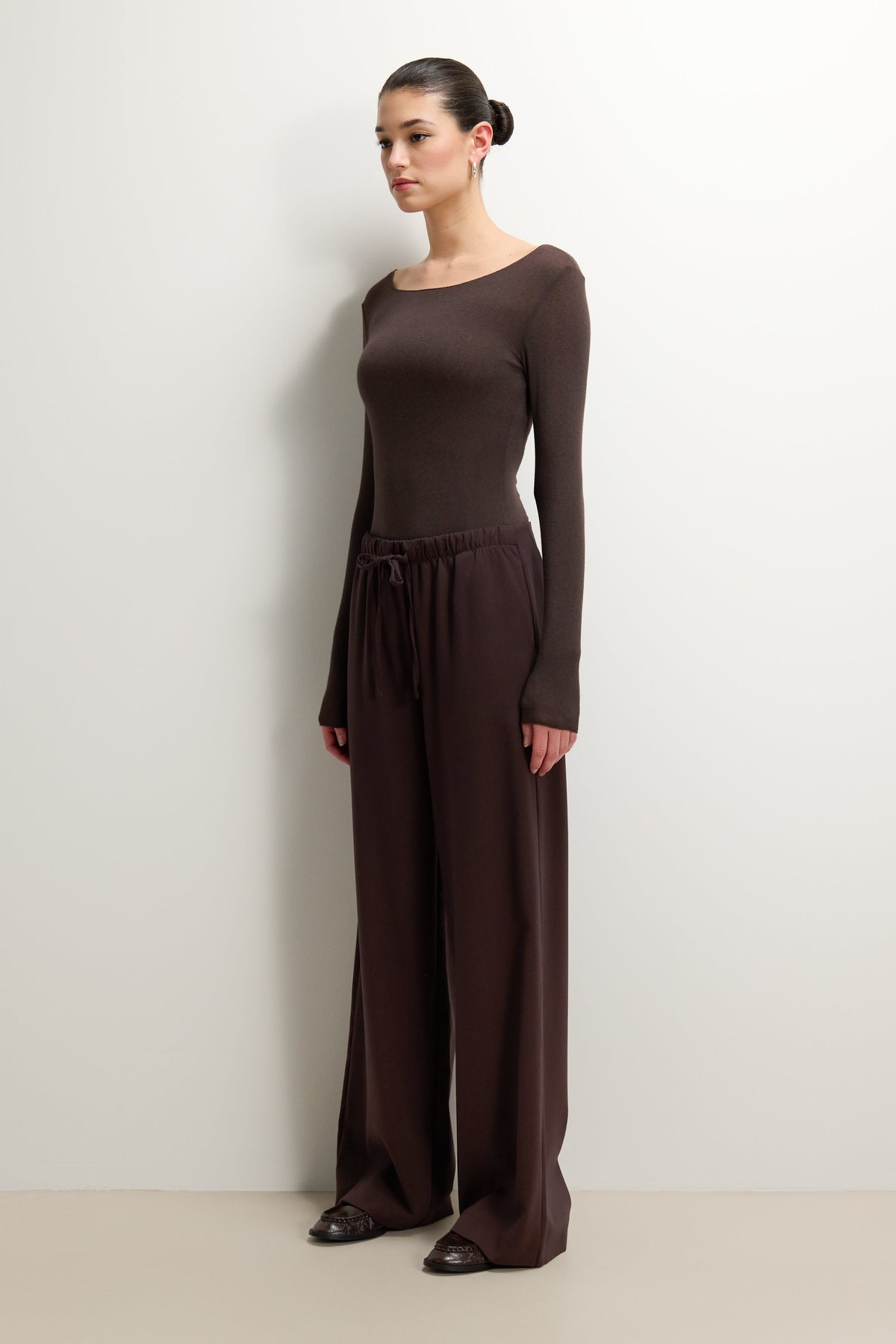 Women's Espresso Brown Boat Neck Top in Lightweight Modal-Cashmere Blend