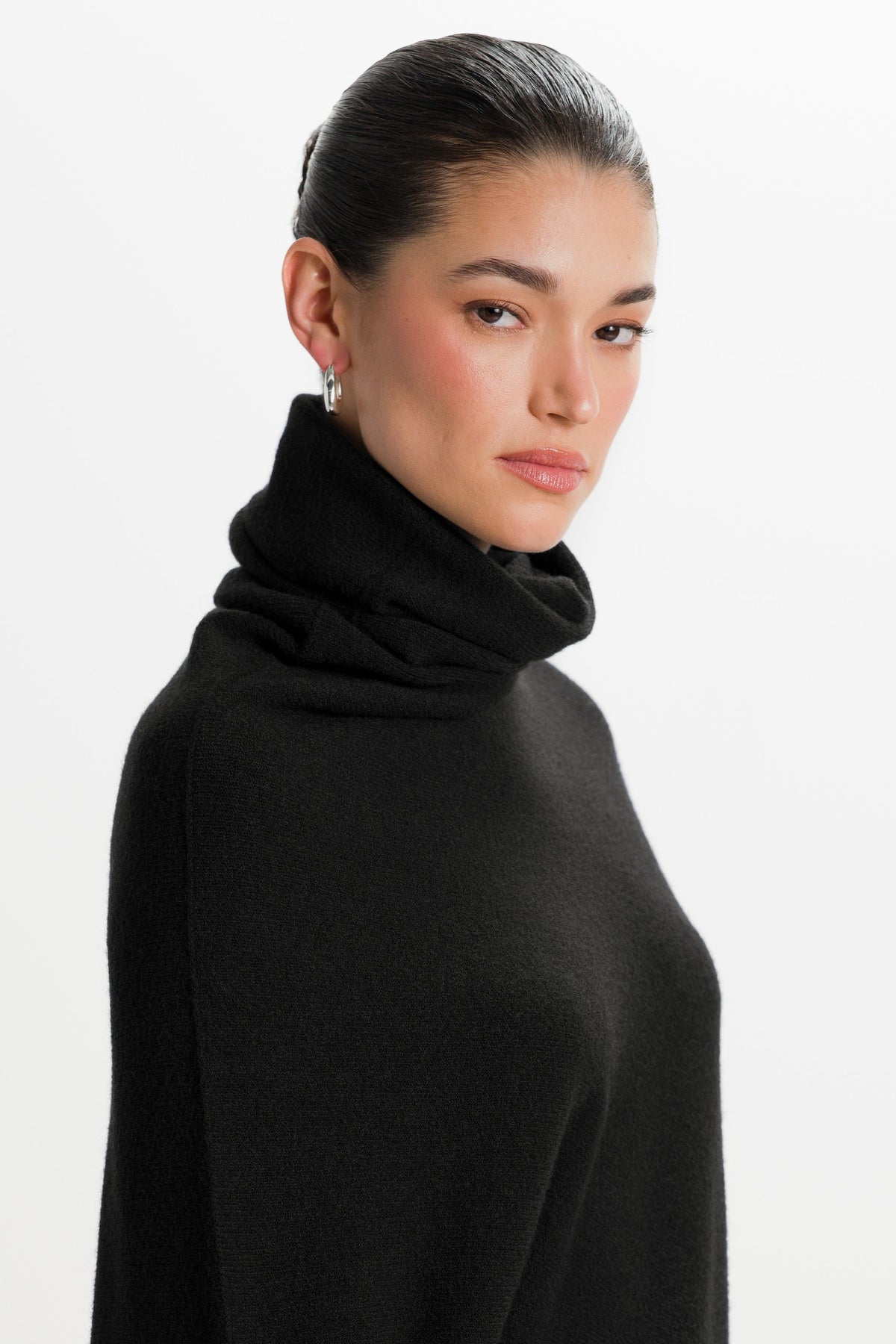 Women's Black Roll Neck Top, Asymmetrical Draped Seamless Knit