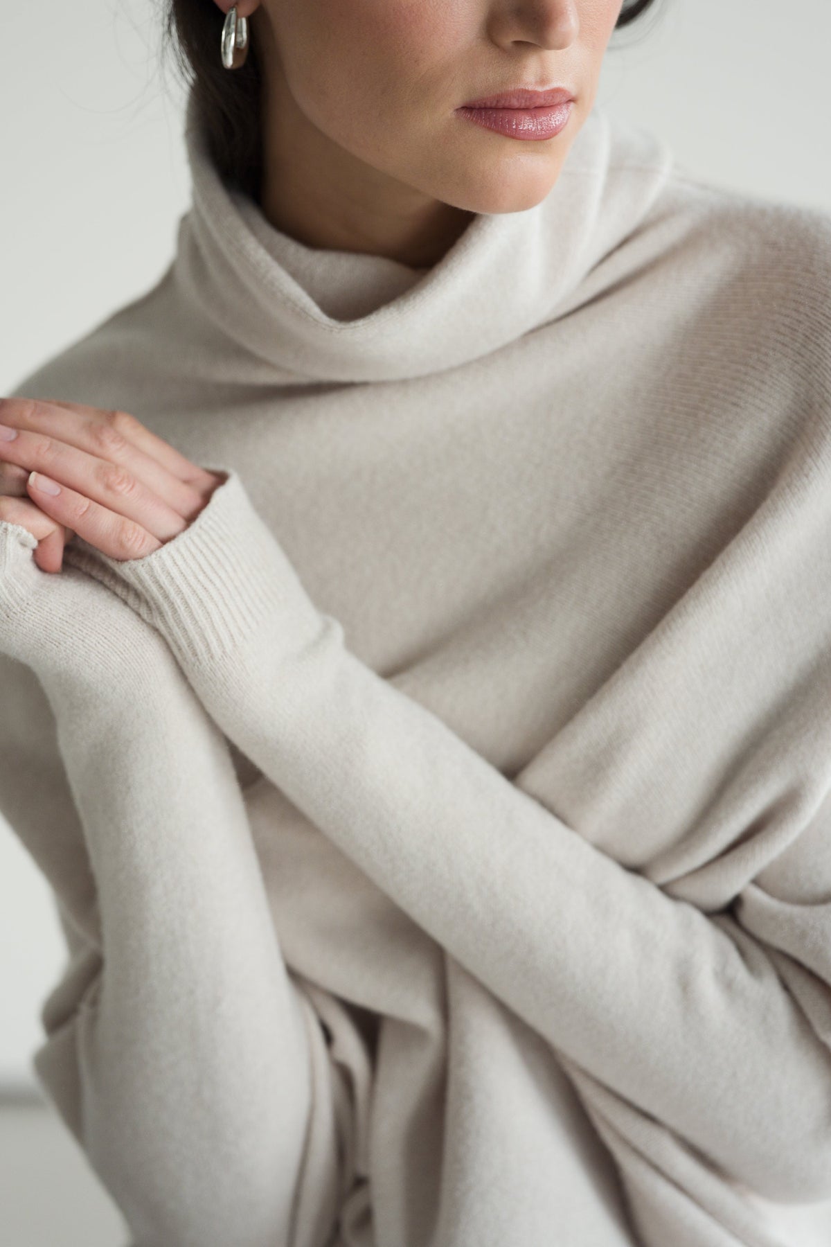 Women's Light Beige Roll Neck Top, Asymmetrical Draped Seamless Knit