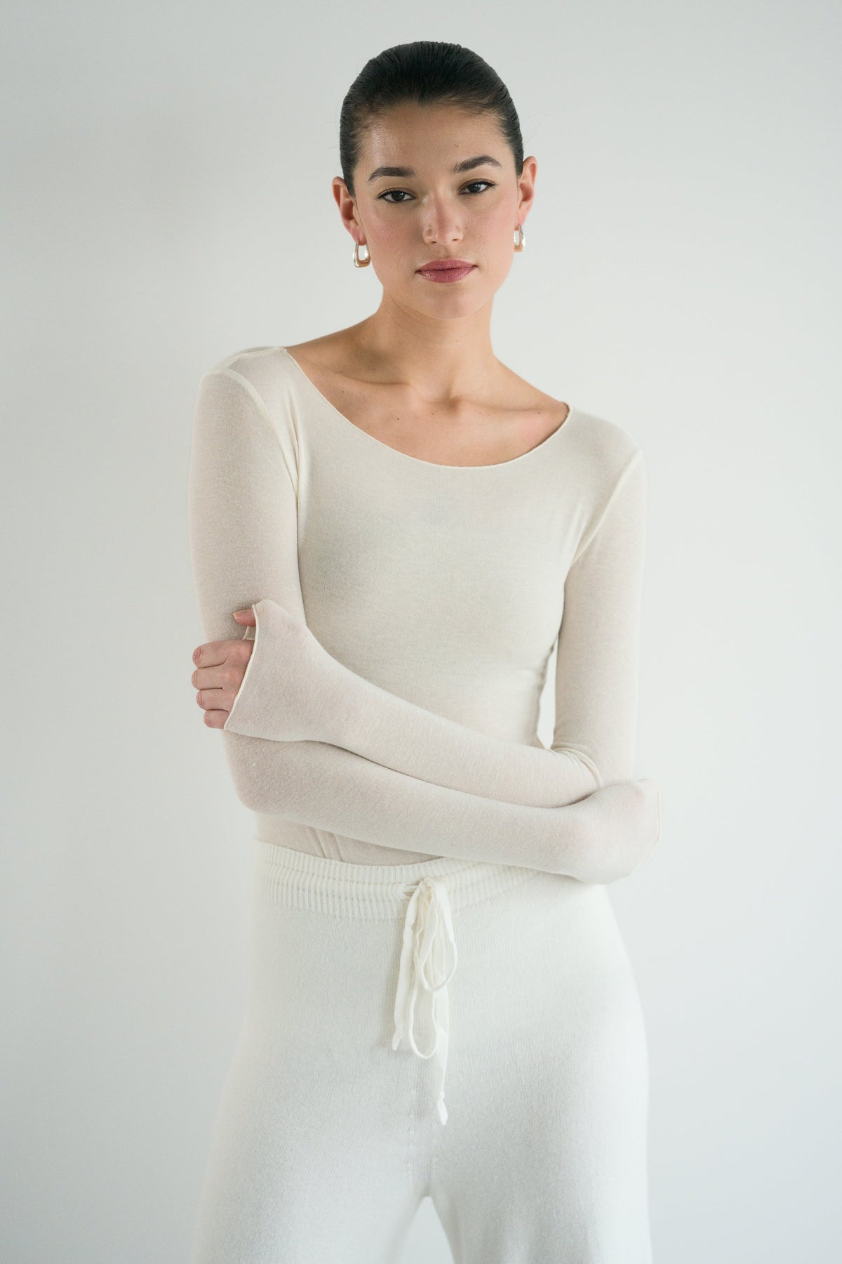 Women's Ivory Boat Neck Top in Lightweight Modal-Cashmere Blend