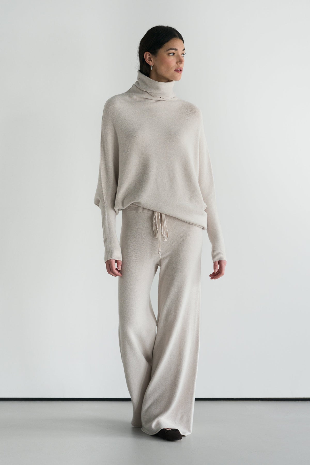 Women's Light Beige Roll Neck Top, Asymmetrical Draped Seamless Knit