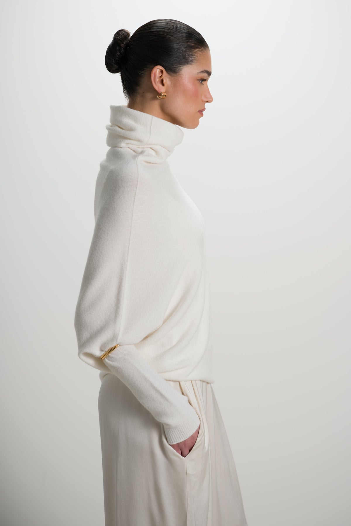 Women's Ivory Roll Neck Top, Asymmetrical Draped Seamless Knit