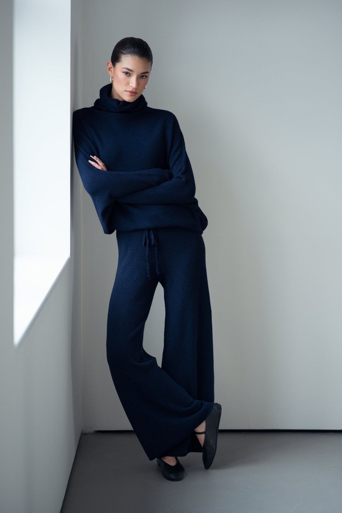 Women's Navy Roll Neck Top, Asymmetrical Draped Seamless Knit