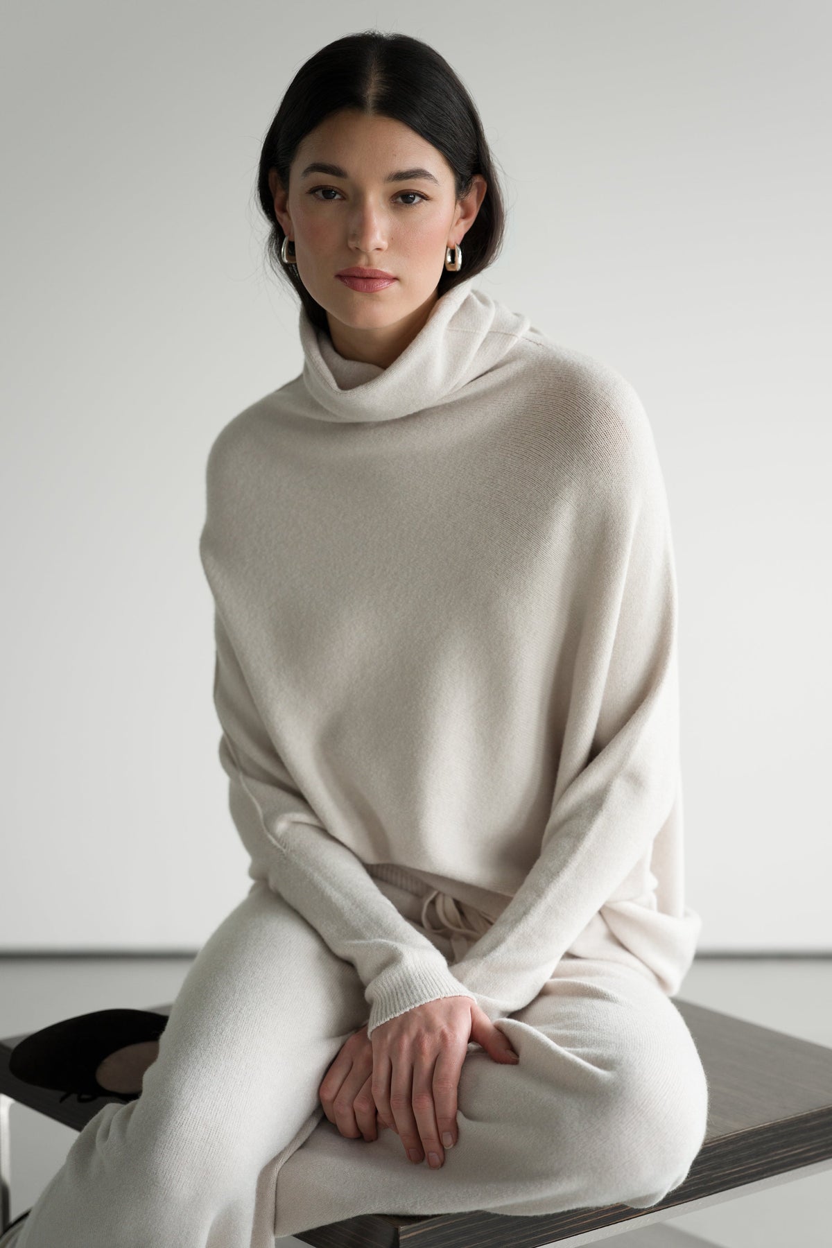Women's Light Beige Roll Neck Top, Asymmetrical Draped Seamless Knit