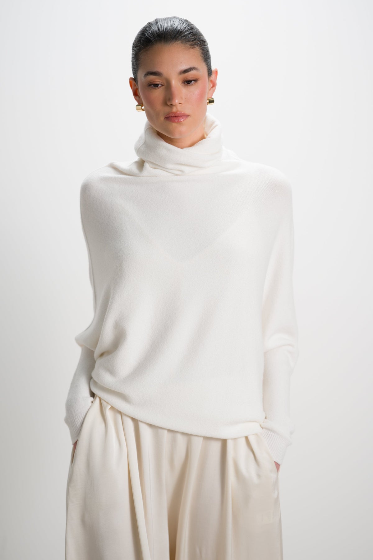 Women's Ivory Roll Neck Top, Asymmetrical Draped Seamless Knit