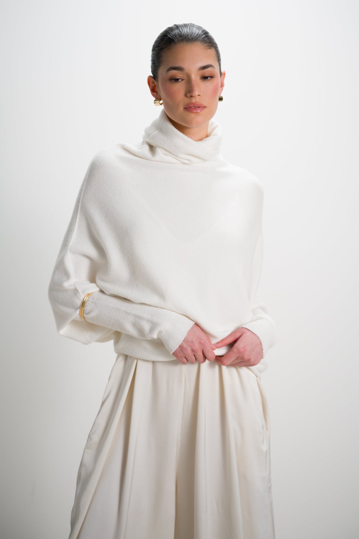 Women's Ivory Roll Neck Top, Asymmetrical Draped Seamless Knit
